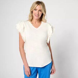 Belle by Kim Gravel Slub Ruffle Sleeve Top Fringe Trim - Cream (Sz L) a643850